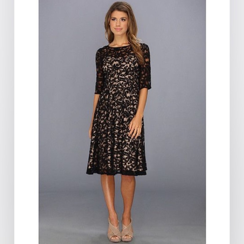 Adrianna Pappel Black Tan Lace Fit & Flare Pleated Midi Dress 14